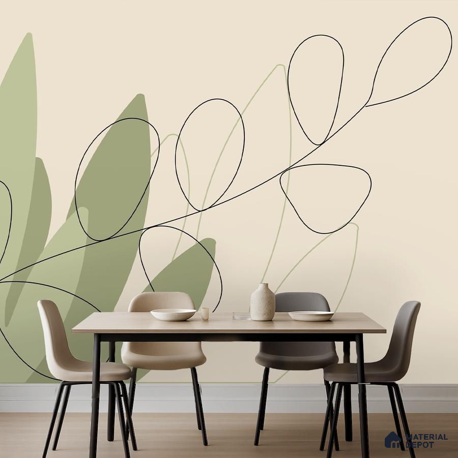 Minimalist dining room with abstract green and beige wallpaper and light wood table in Bengaluru