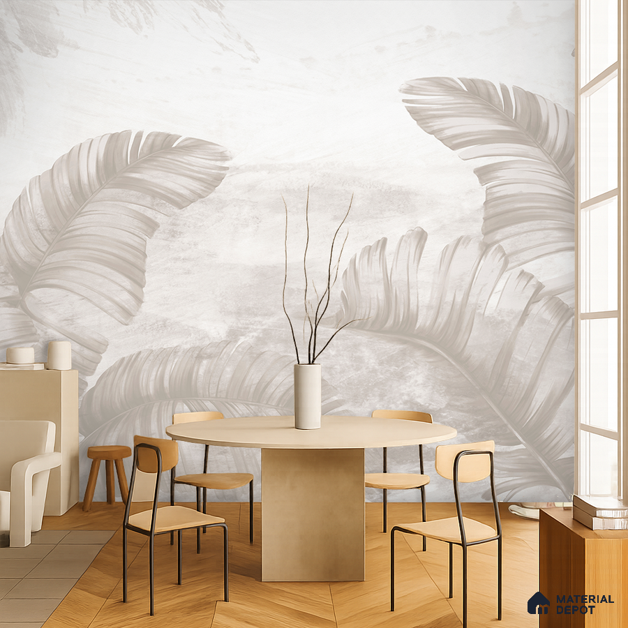 Minimalist dining room with beige patterned wallpaper and light wood chevron flooring in Bengaluru