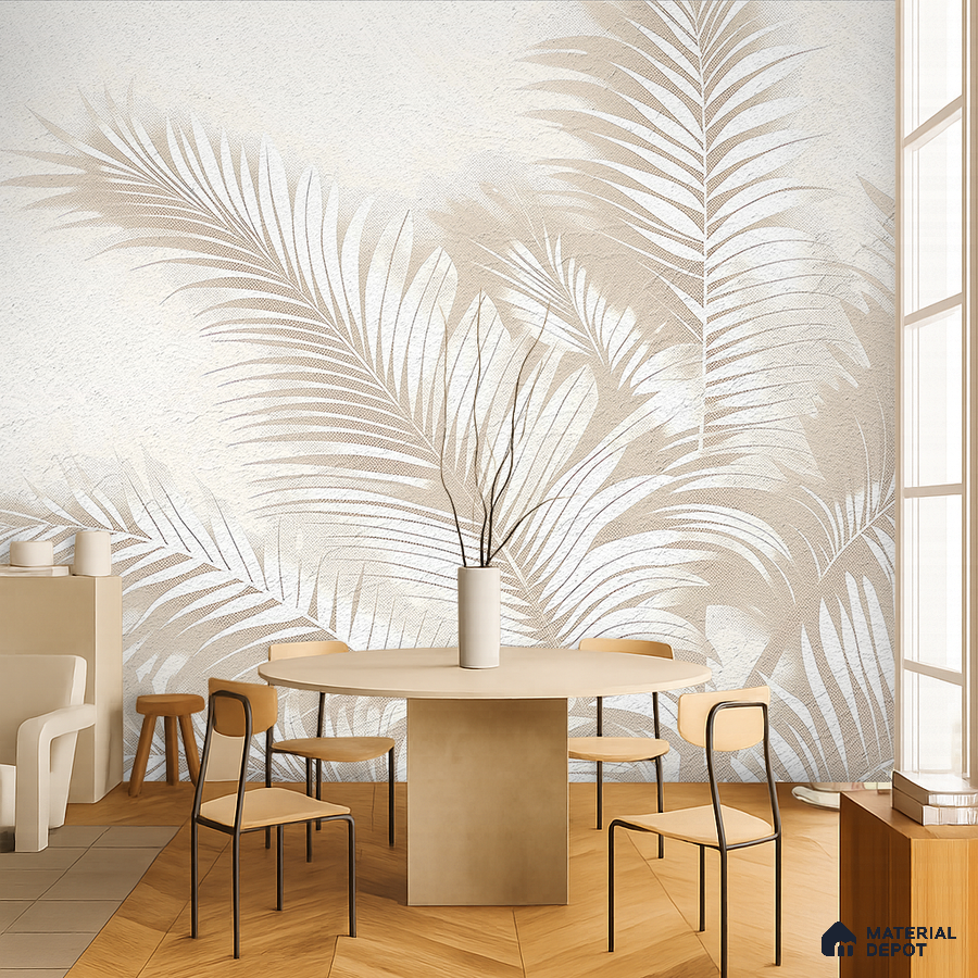 Minimalist dining room with beige tropical wallpaper and light wood chevron flooring in Bengaluru