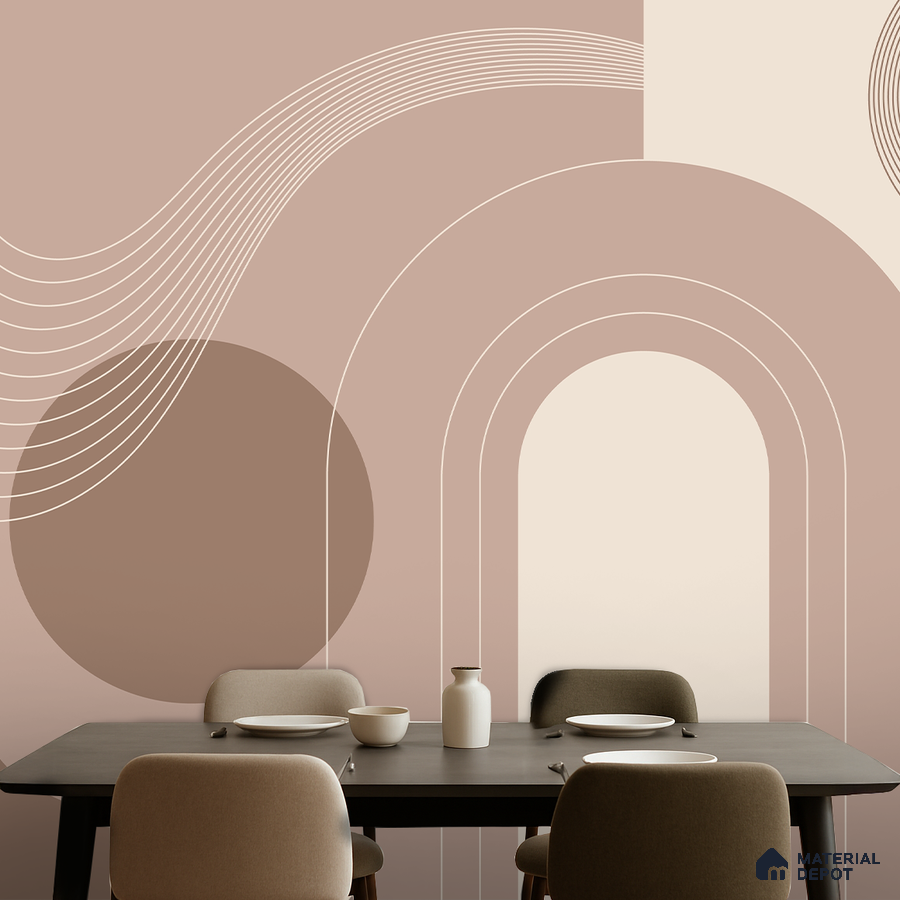 Minimalist dining room with geometric abstract wallpaper and taupe upholstered chairs in Bengaluru
