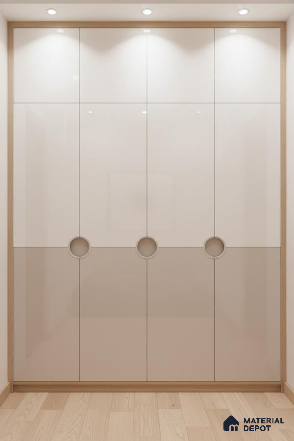 Minimalist dual tone high gloss wardrobe with frosty white and beige laminate and light oak wooden flooring in Bengaluru