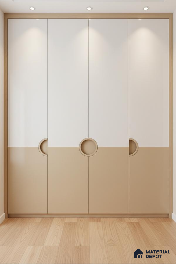 Minimalist dual tone wardrobe with frosty white and beige laminate, light oak wooden flooring in Bengaluru
