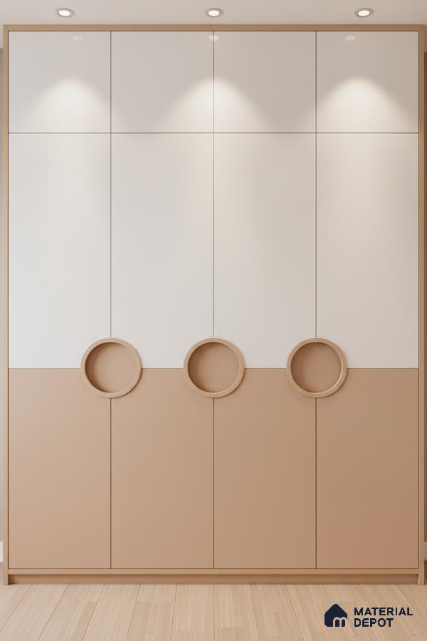 Minimalist dual tone wardrobe with frosty white and biscuit beige laminate and circular handles in Bengaluru