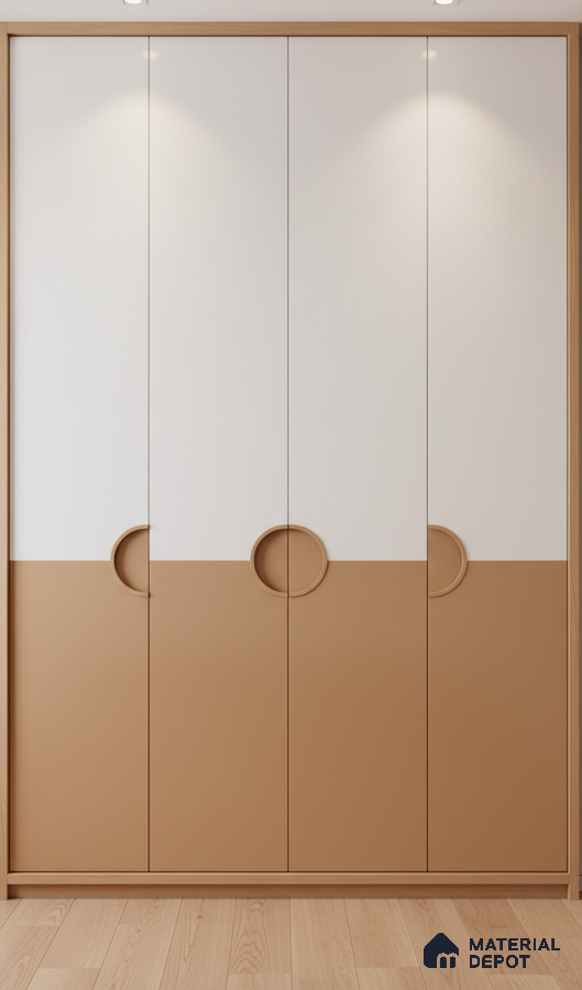 Minimalist dual tone wardrobe with frosty white and biscuit beige laminate shutters in Bengaluru