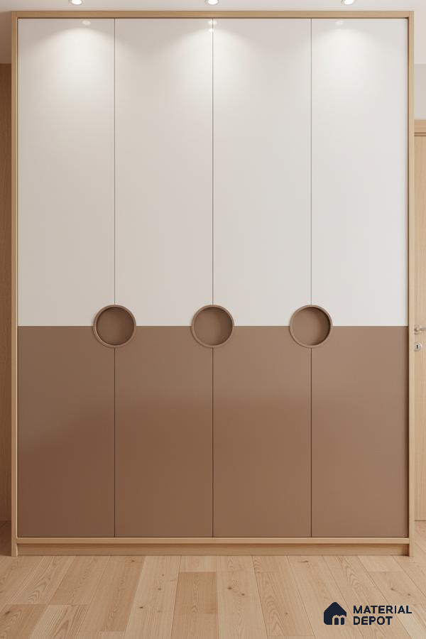 Minimalist dual tone wardrobe with frosty white and cappuccino brown laminate and light oak wooden flooring in Bengaluru