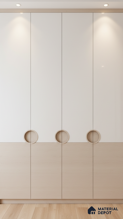 Minimalist dual tone wardrobe with frosty white and light oak laminate in bedroom in Bengaluru