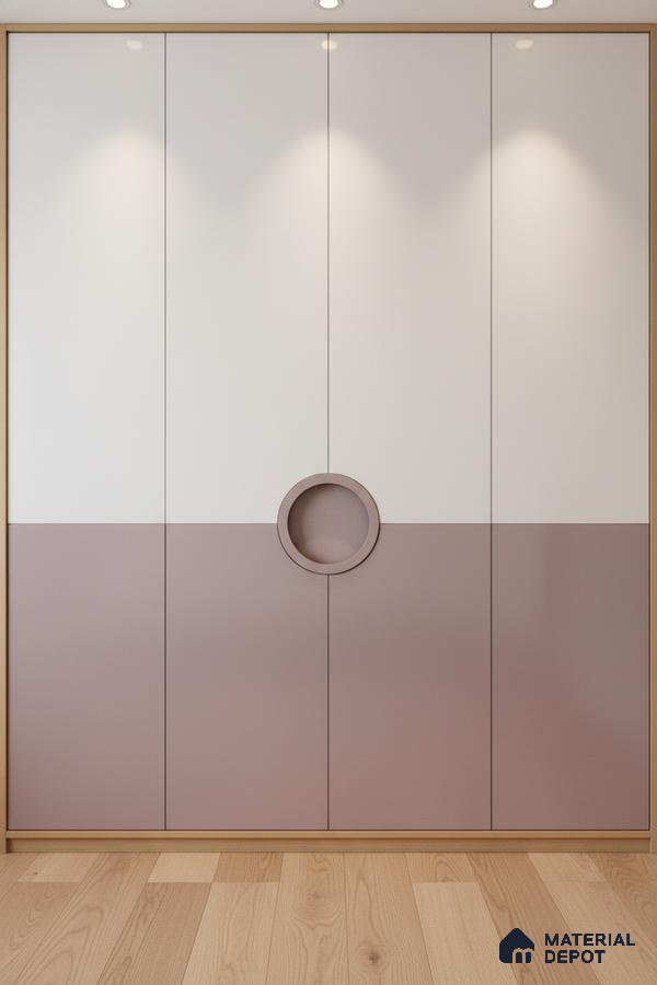 Minimalist dual tone wardrobe with frosty white and mauve laminate, circular handle, and light oak wooden flooring in Bengaluru