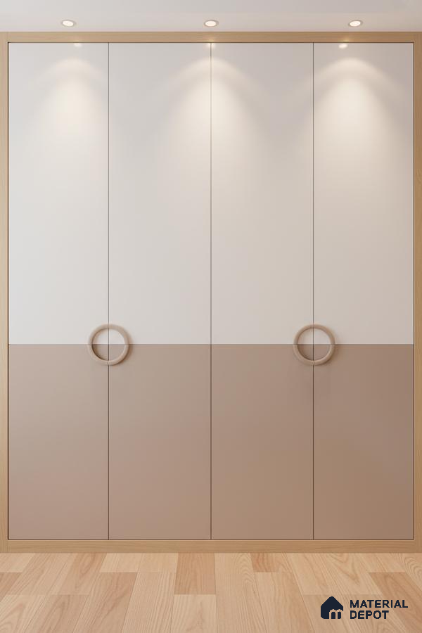 Minimalist dual tone wardrobe with frosty white and taupe beige laminate and light oak wooden frame in Bengaluru