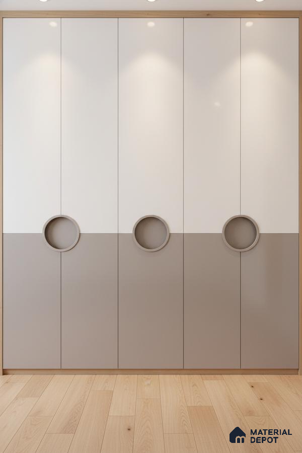 Minimalist dual tone wardrobe with frosty white and taupe laminate and light oak wooden flooring in Bengaluru