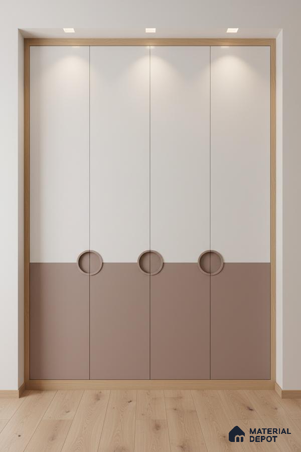 Minimalist dual tone wardrobe with frosty white and taupe laminate, oak wood framing, and light oak wooden flooring in Bengaluru