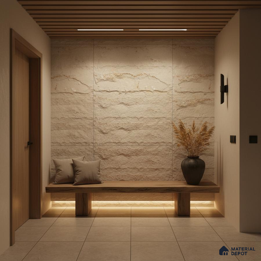 Minimalist foyer with beige stone cladding, wooden bench, and large format floor tiles in Bengaluru