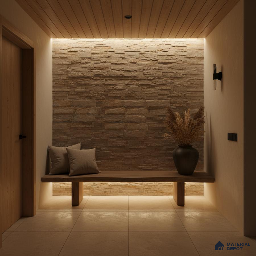 Minimalist foyer with beige stone cladding, wooden ceiling, and large format floor tiles in Bengaluru