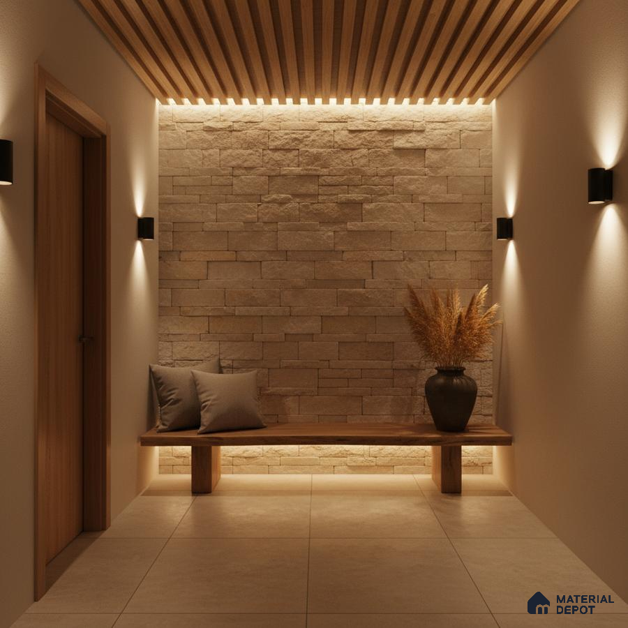 Minimalist foyer with beige stone cladding, wooden slat ceiling, and large format beige floor tiles in Bengaluru