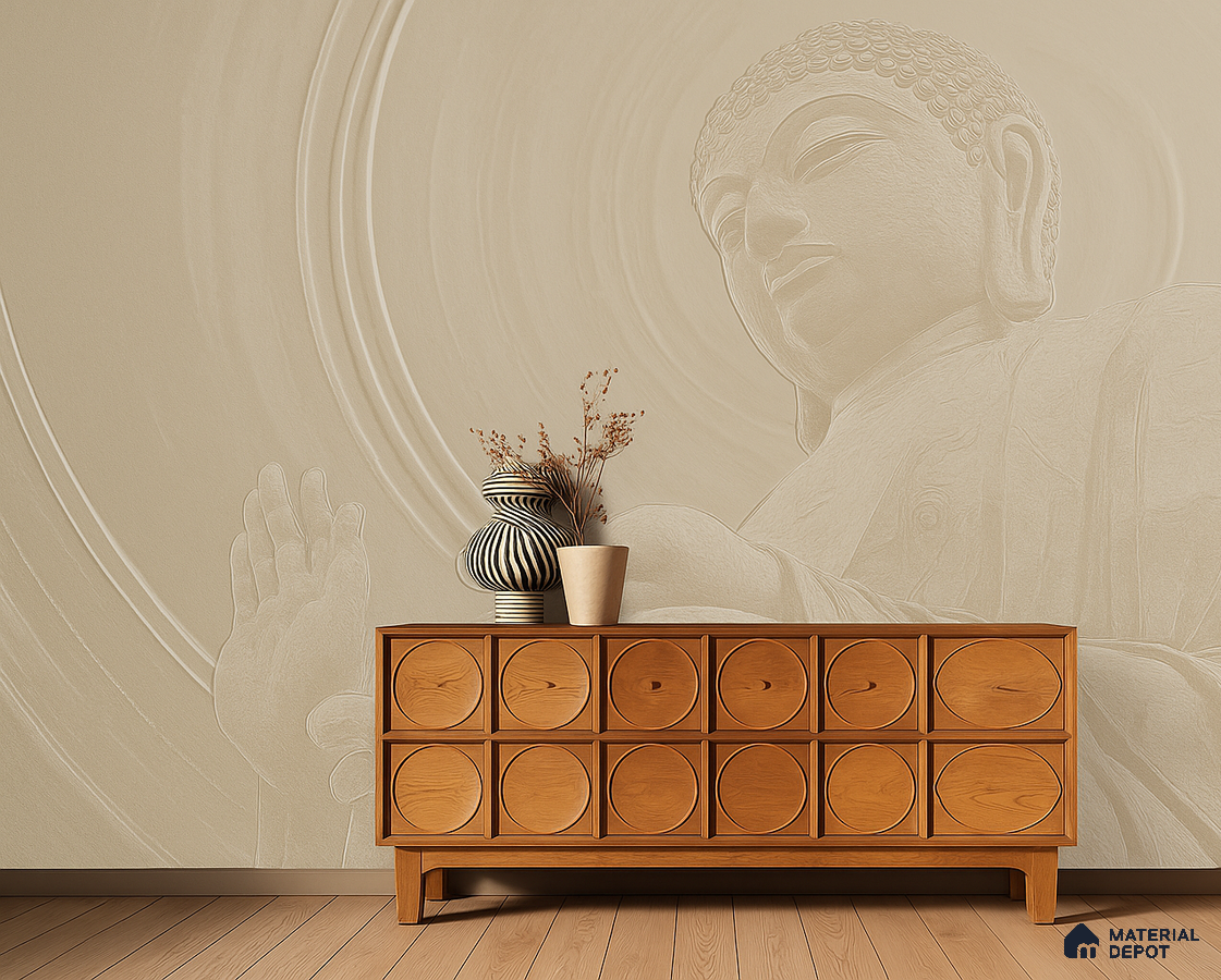 Minimalist foyer with natural wood console and beige Buddha mural wallpaper in Bengaluru