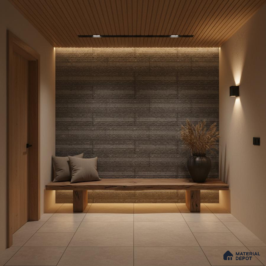 Minimalist foyer with textured grey wall panels, natural wood bench, and beige floor tiles in Bengaluru