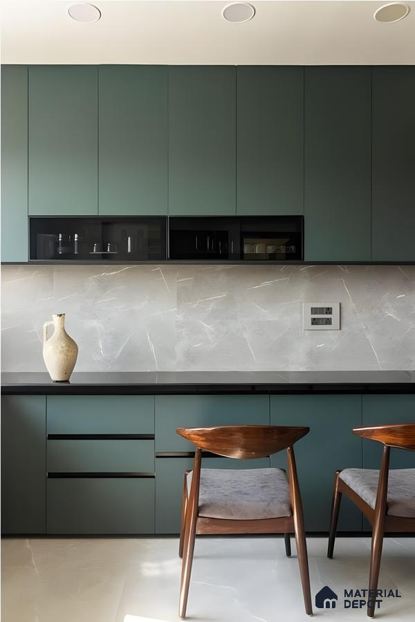 Minimalist Green Kitchen With Stone Texture Backsplash | Material Depot