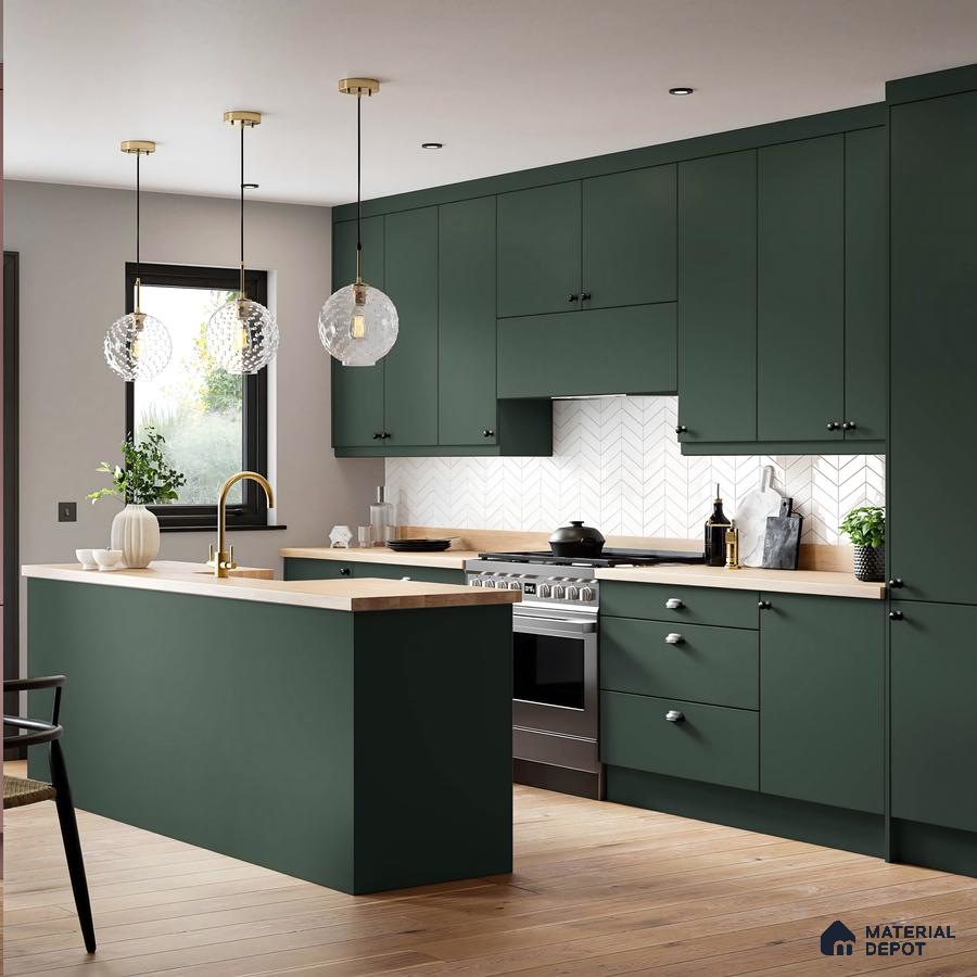 Minimalist Green Kitchen With Wooden Accents | Material Depot