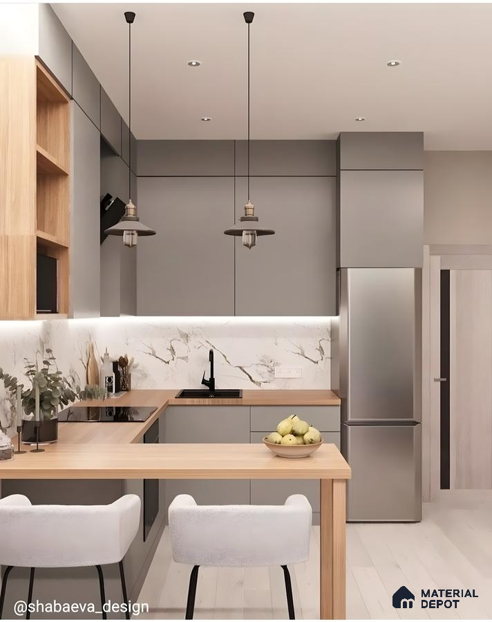 Minimalist Grey And Wood Kitchen With Marble Backsplash And Breakfast Counter | Material Depot