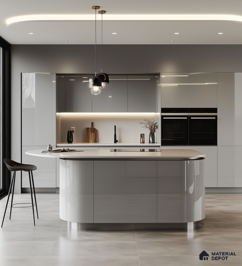 Modern Modular Kitchen with Pastel Teal Cabinets and Marble Backsplash | Material Depot