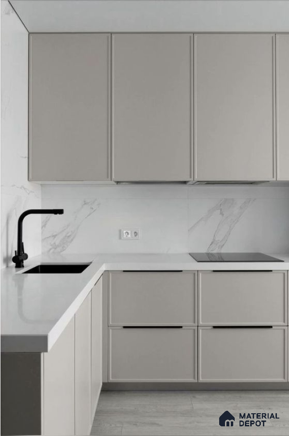Modern Monochrome Kitchen with Marble Backsplash and Clean Lines | Material Depot