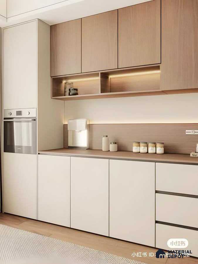 Minimalist Japandi Kitchen With Dual-Tone Matte Beige And Oak Wood Cabinets, Handleless Design, And Soft Under-Cabinet Lighting | Material Depot