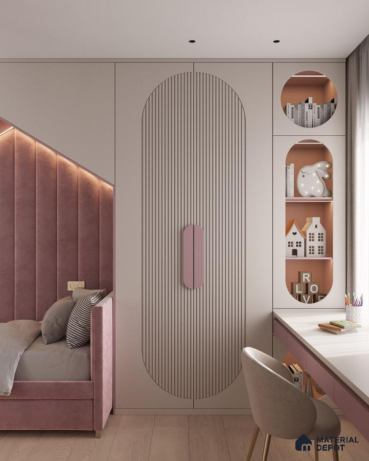 Minimalist kids room with blush pink suede upholstered bed, pastel fluted wardrobe, and light wood flooring | Material Depot