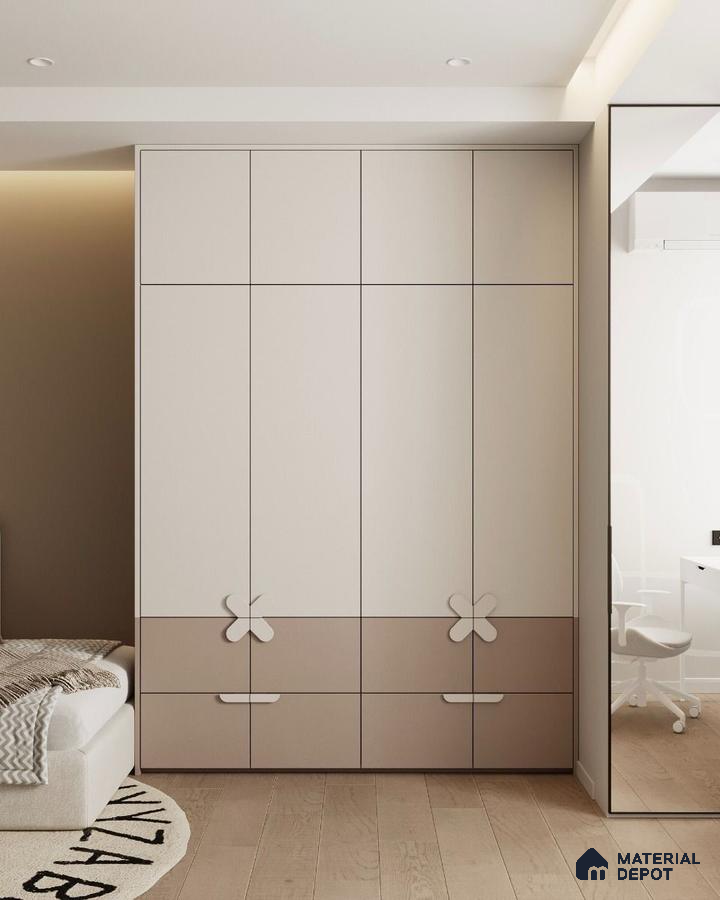 Minimalist kids room with frosty white and taupe solid color laminate wardrobe and light oak wooden flooring | Material Depot