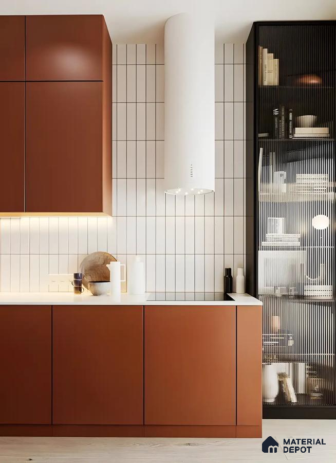 Minimalist Kitchen Design with Terracotta Cabinets and White Vertical Tile Backsplash | Material Depot