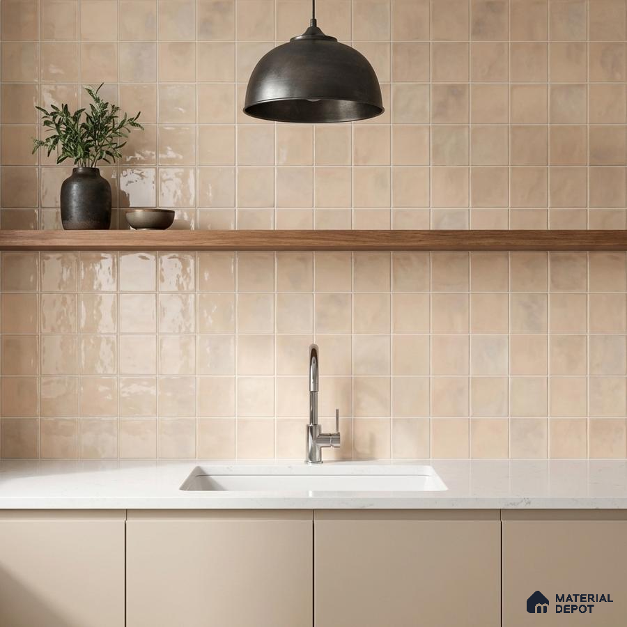 Minimalist kitchen with beige glossy square wall tiles, white quartz countertop, and taupe laminate cabinets