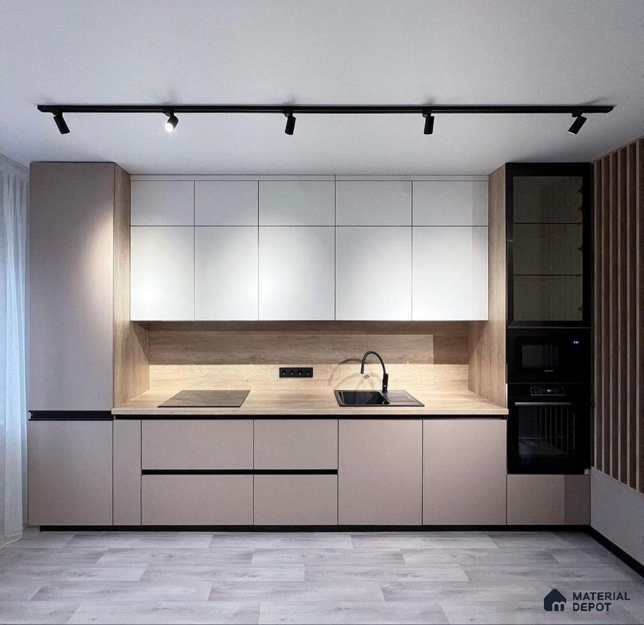 Minimalist kitchen with beige matte laminate, white laminate cabinets, and light oak wood backsplash in Bengaluru | Material Depot