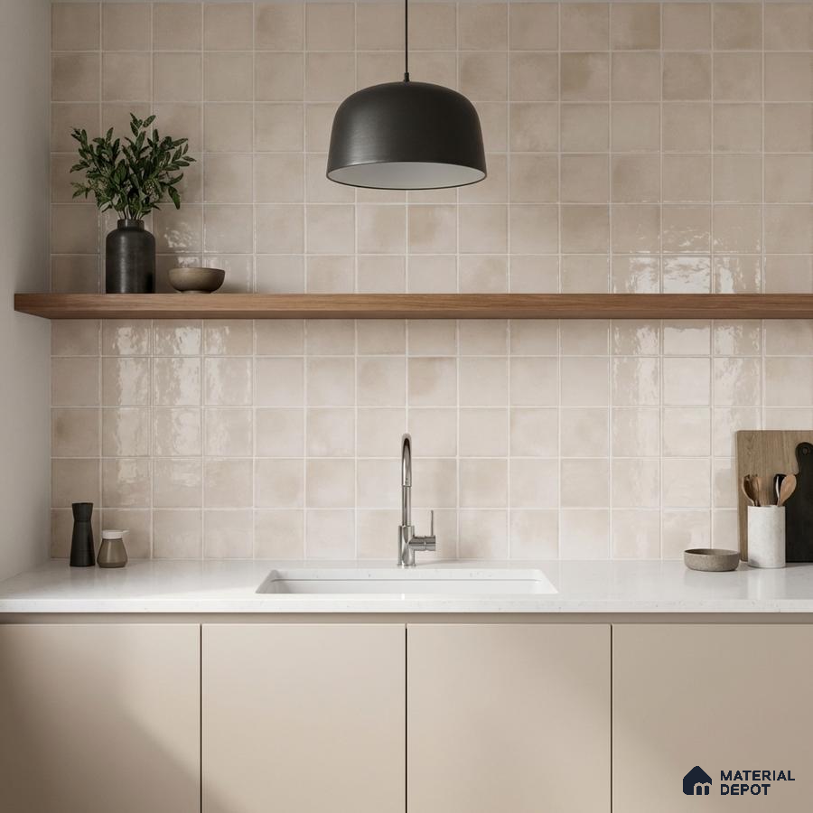 Minimalist kitchen with beige square wall tiles, white quartz countertop, and matte beige laminate cabinets