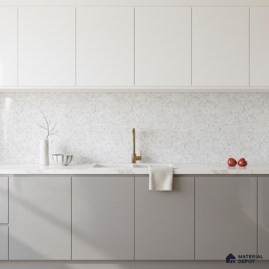 Minimalist kitchen with frosty white and light grey laminate, marble-look quartz countertop, and mosaic backsplash tile in Bengaluru
