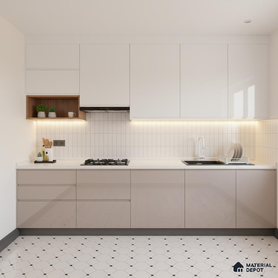 Minimalist kitchen with frosty white and taupe glossy laminate, white quartz countertop, and geometric floor tiles in Bengaluru