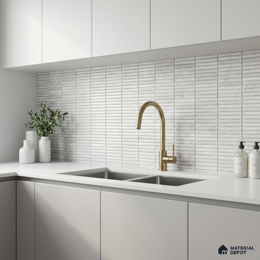Minimalist kitchen with frosty white laminate cabinets and white kitkat subway backsplash tile