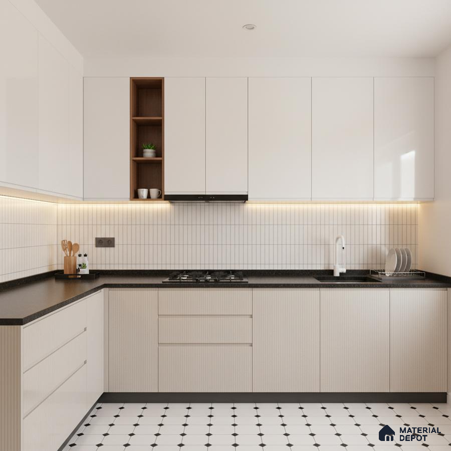 Minimalist kitchen with frosty white laminate cabinets, black granite countertop, and geometric white floor tiles in Bengaluru