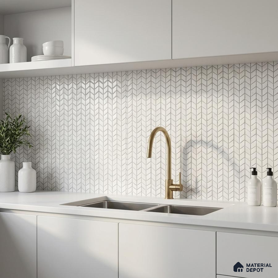 Minimalist kitchen with frosty white laminate cabinets, white quartz countertop, and chevron patterned backsplash tile