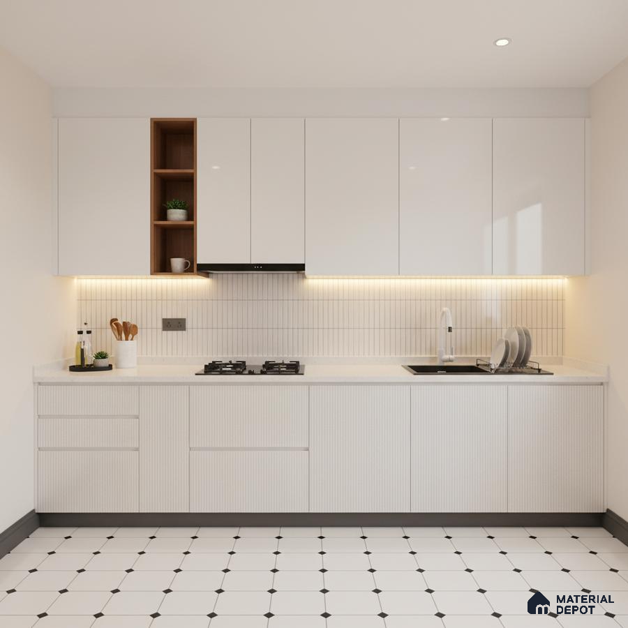 Minimalist kitchen with frosty white laminate cabinets, white quartz countertop, and geometric white floor tiles in Bengaluru