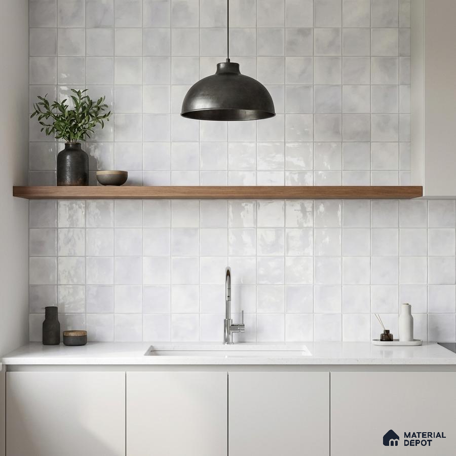 Minimalist kitchen with glossy white square wall tiles, white quartz countertop, and matte white laminate cabinets