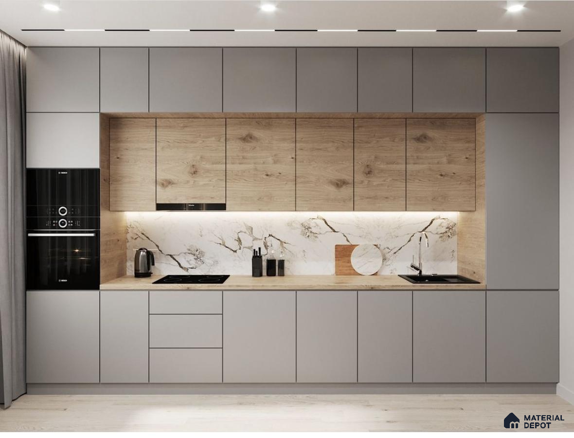 Minimalist kitchen with light grey matte laminate, natural oak wood laminate, and marble-look backsplash in Bengaluru | Material Depot