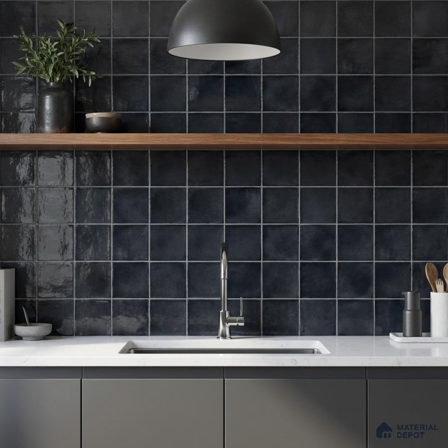 Minimalist kitchen with matte black square wall tiles and white quartz countertop
