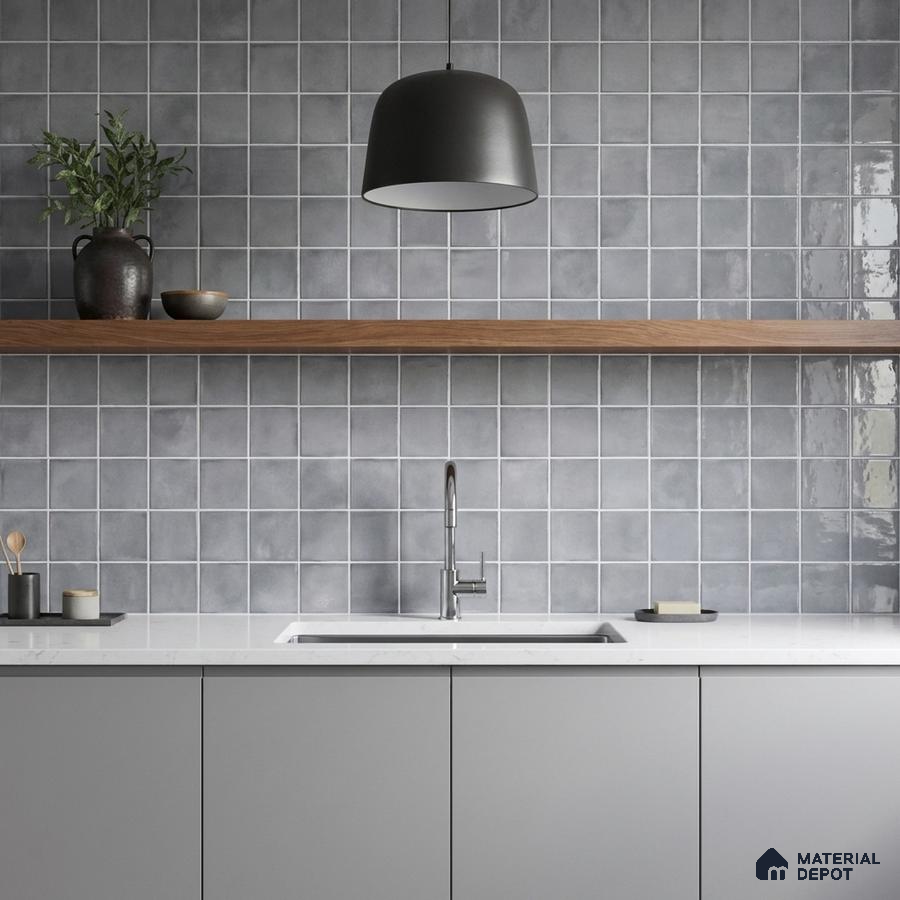 Minimalist kitchen with matte grey square wall tiles, white quartz countertop, and light grey laminate cabinets