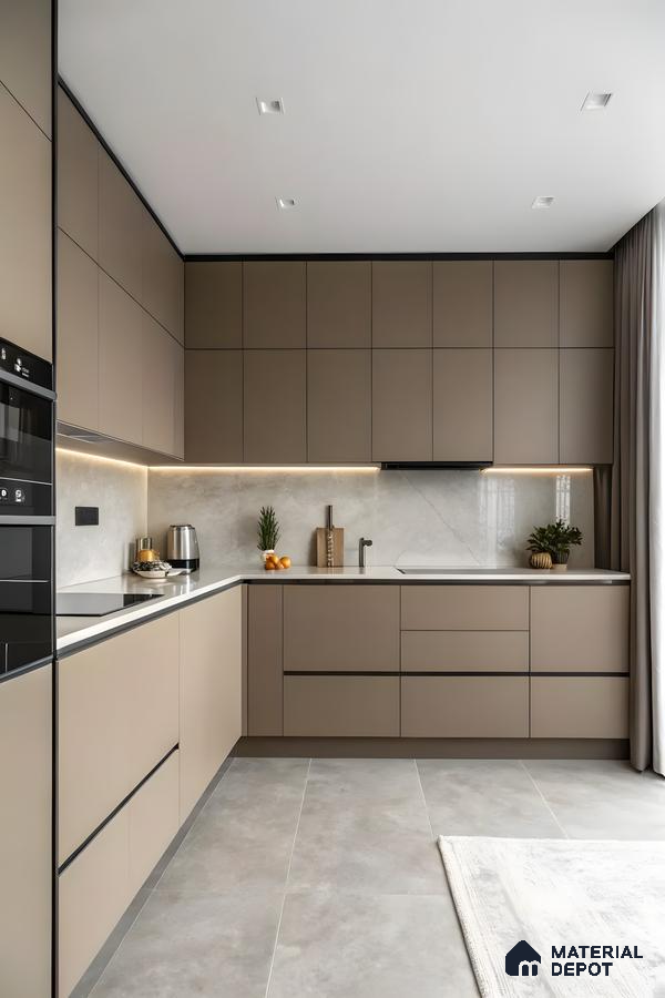 Minimalist Kitchen With Mocha Matte Acrylic Cabinets, Stone Backsplash & Seamless Integrated Finishes | Material Depot