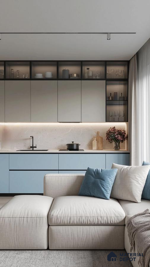 Minimalist kitchen with pastel blue and frosty white laminate, marble backsplash, and open shelving in Bengaluru | Material Depot