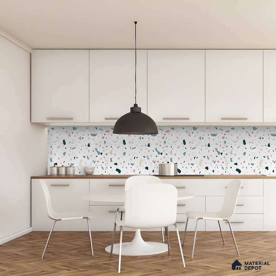 Minimalist Kitchen With Terrazzo Backsplash And White Cabinets | Material Depot