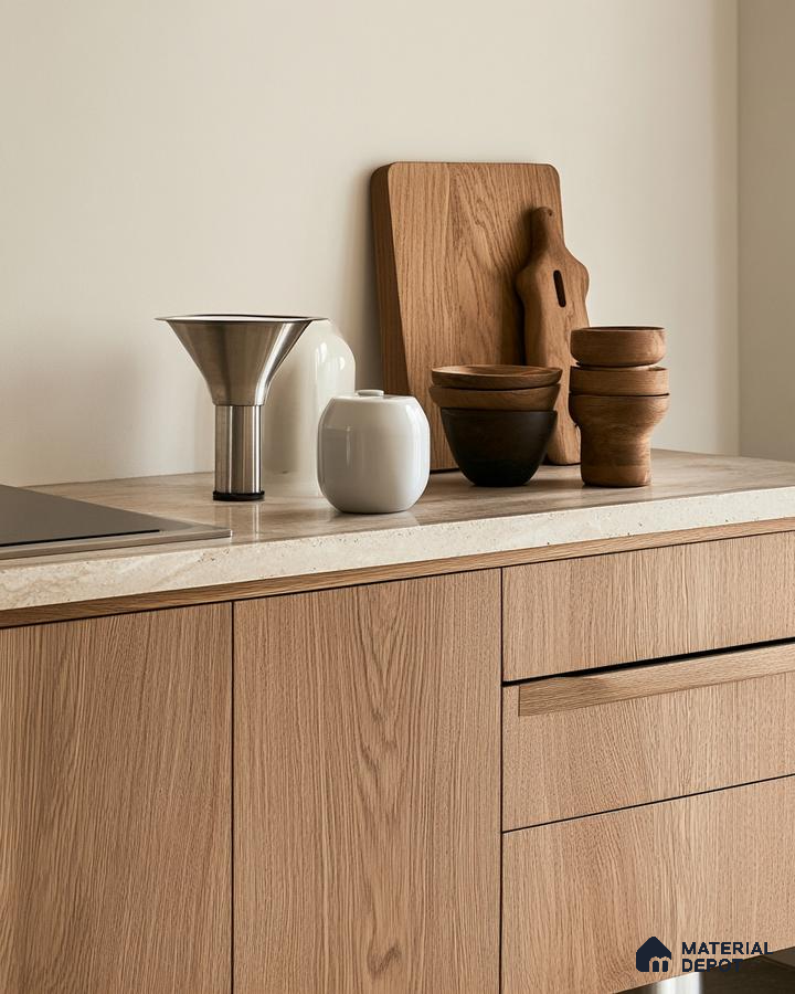 Minimalist Kitchen with Warm Wood Tones and Concrete Countertops | Material Depot