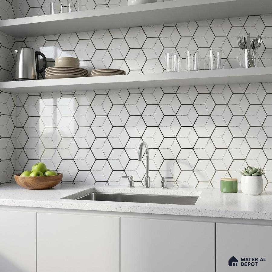 Minimalist kitchen with white hexagonal geometric backsplash tile and frosty white quartz countertop