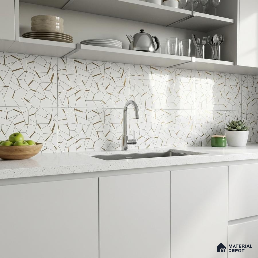 Minimalist kitchen with white mosaic geometric backsplash tile and frosty white quartz countertop