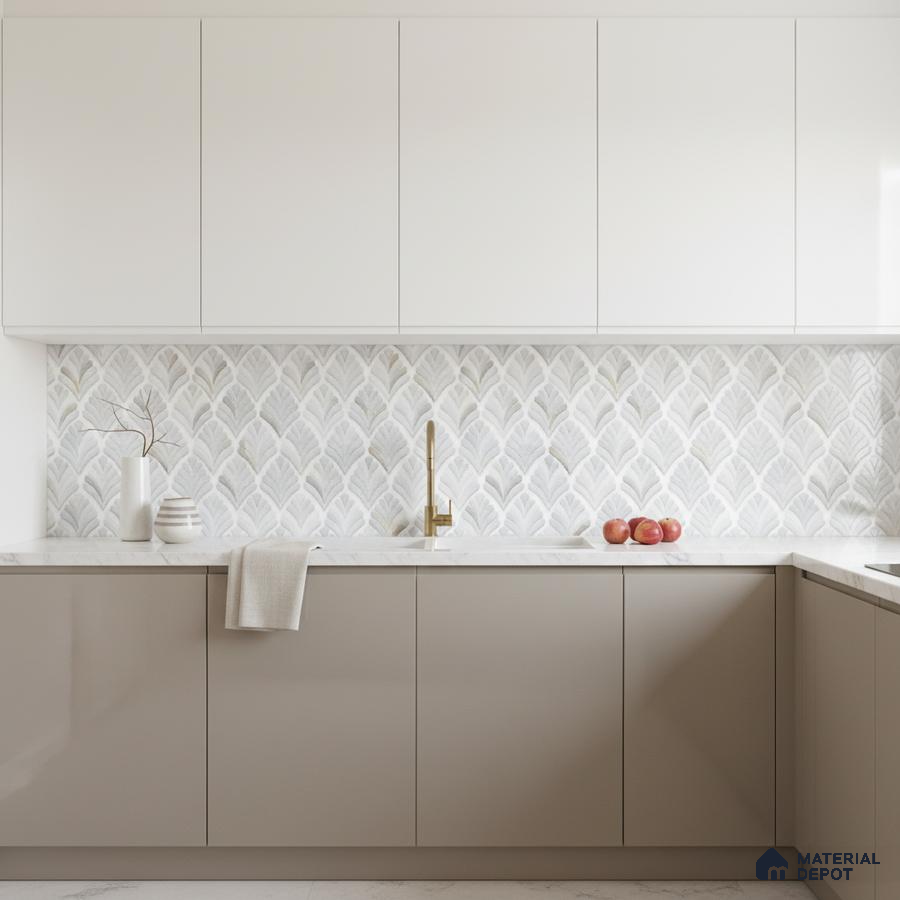 Minimalist kitchen with white solid laminate cabinets, beige matte laminate base, and patterned leaf motif backsplash tile in Bengaluru
