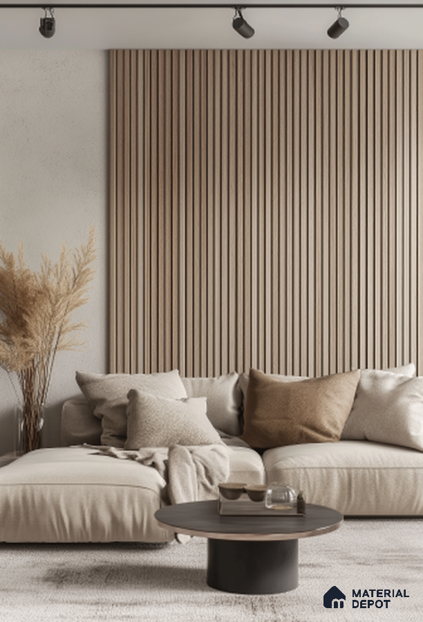 Minimalist Living Room with Neutral Palette and Fluted Wall Paneling | Material Depot