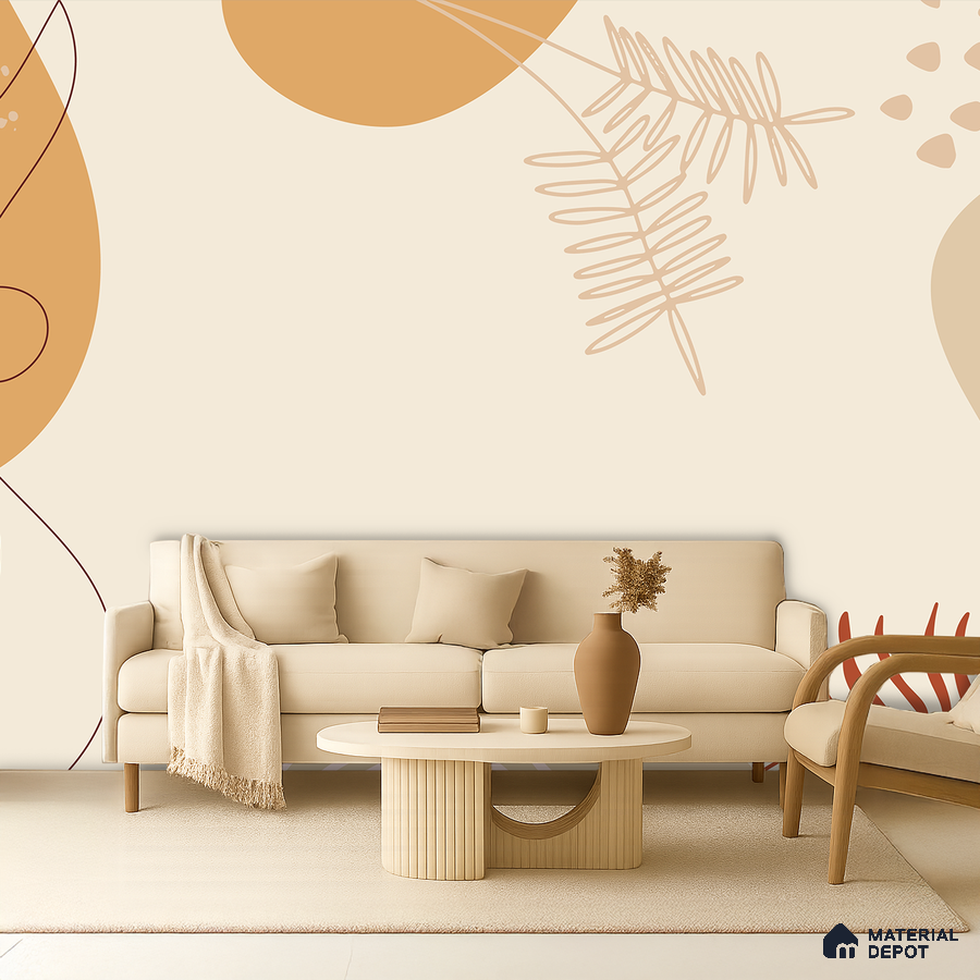Minimalist living room with abstract patterned wallpaper and beige upholstery in Bengaluru